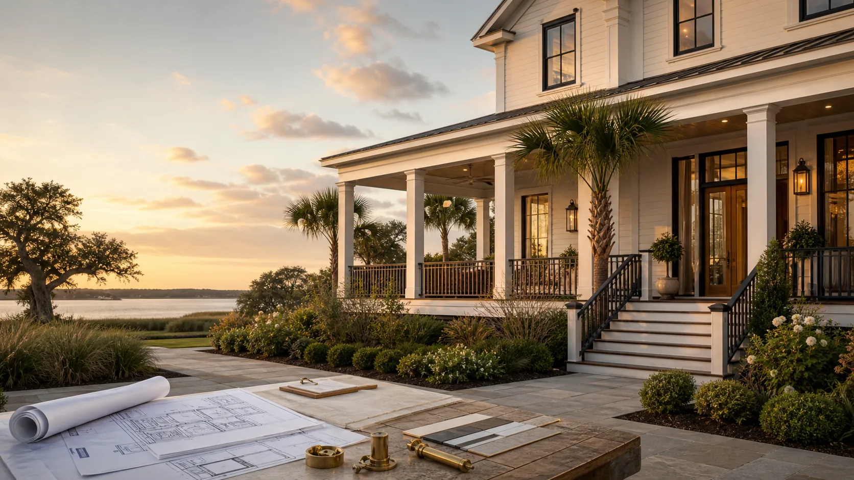 Lowcountry home with a wraparound porch at sunset, with construction plans and finish samples in the foreground